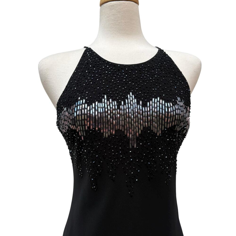 VTG Cachet Cocktail Dress 8 Black Silver Beaded Halter Midi Disco Whimsigoth Y2K - Picture 2 of 8